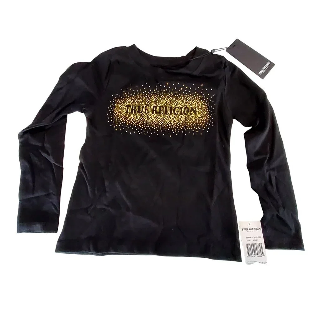 True Religion Long Sleeve Black Gold Studded Tee Size L (6X) Girls 100% Cotton - Picture 1 of 11